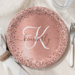 Rose Gold Brushed Metal Glitter Monogram Name Pape Paper Plate<br><div class="desc">Easily personalise this trendy chic paper plate design featuring pretty silver sparkling glitter on a rose gold brushed metallic background.</div>