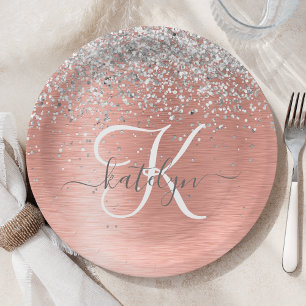 Rose Gold Brushed Metal Glitter Monogram Name Paper Plate