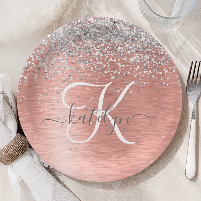 Rose Gold Brushed Metal Glitter Monogram Name Paper Plate (Creator Uploaded)