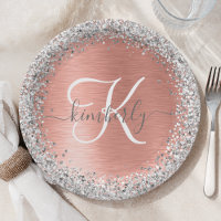 Rose Gold Brushed Metal Glitter Monogram Name