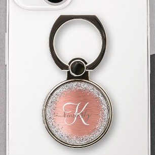 Rose Gold Brushed Metal Glitter Monogram Name Phone Ring Stand
