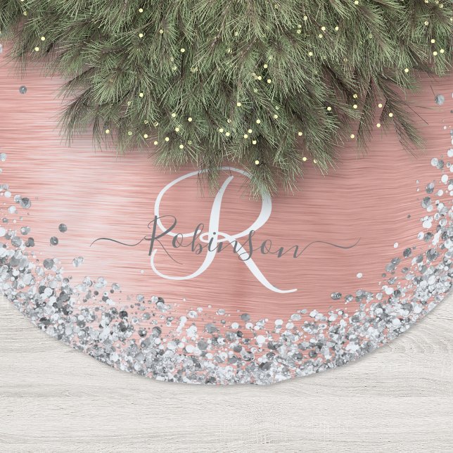 Rose Gold Brushed Metal Glitter Monogram Name Polyester Tree Skirt (Creator Uploaded)