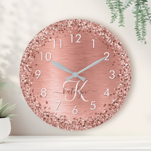 Rose Gold Brushed Metal Glitter Monogram Name Round Clock