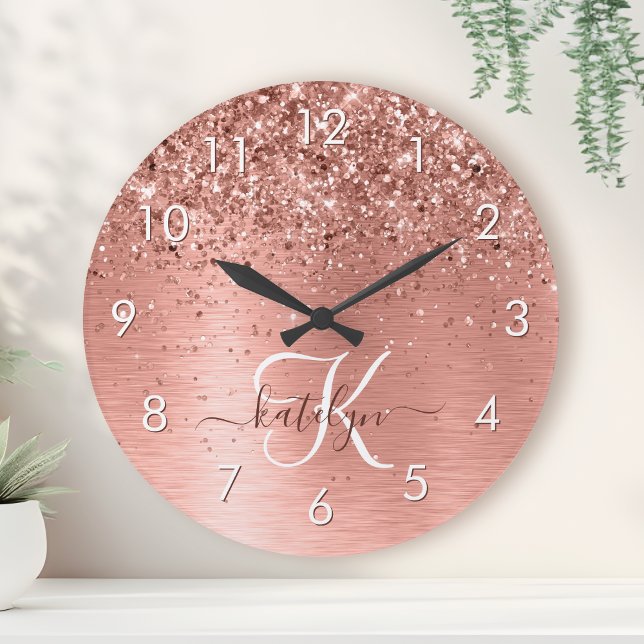Rose Gold Brushed Metal Glitter Monogram Name Round Clock (Creator Uploaded)