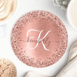 Rose Gold Brushed Metal Glitter Monogram Name Round Paper Coaster<br><div class="desc">Easily personalise this trendy chic paper coaster design featuring pretty rose gold sparkling glitter on a rose gold brushed metallic background.</div>