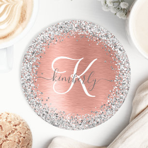 Rose Gold Brushed Metal Glitter Monogram Name Round Paper Coaster