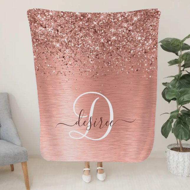 Rose Gold Brushed Metal Glitter Monogram Name Sherpa Blanket (Creator Uploaded)