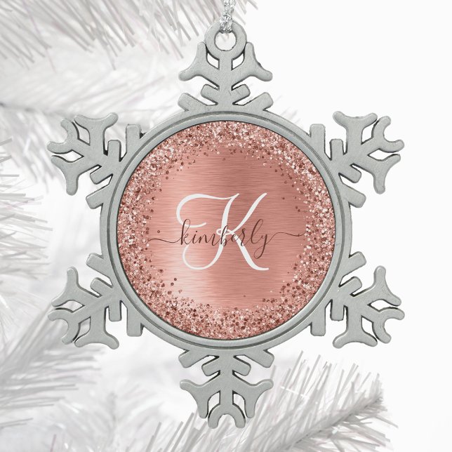 Rose Gold Brushed Metal Glitter Monogram Name Snowflake Pewter Christmas Ornament (Creator Uploaded)