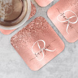 Rose Gold Brushed Metal Glitter Monogram Name Square Paper Coaster<br><div class="desc">Easily personalise this trendy chic paper coaster design featuring pretty rose gold sparkling glitter on a rose gold brushed metallic background.</div>