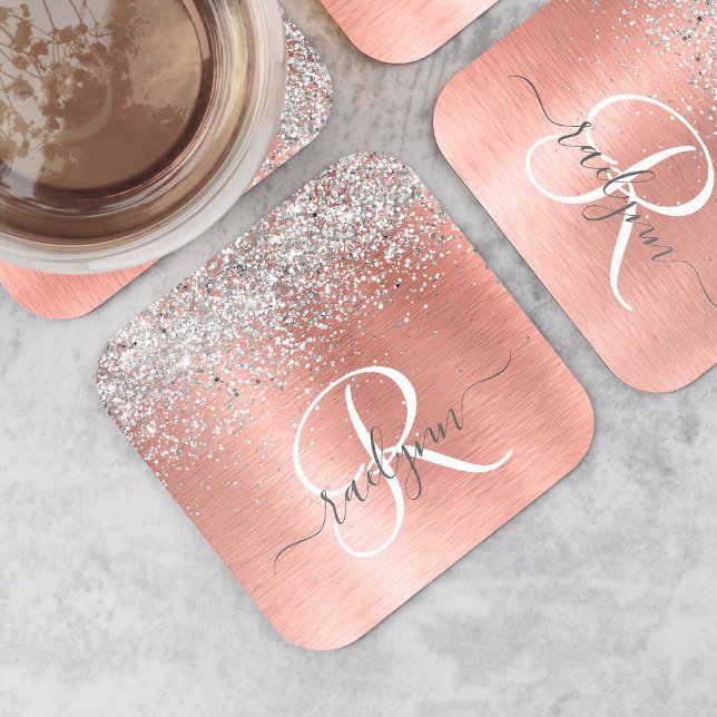 Rose Gold Brushed Metal Glitter Monogram Name Square Paper Coaster (Creator Uploaded)