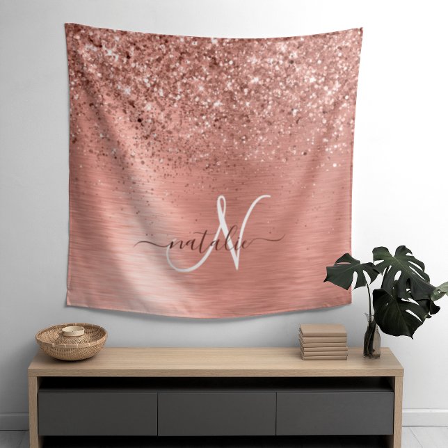 Rose Gold Brushed Metal Glitter Monogram Name Tapestry (Creator Uploaded)