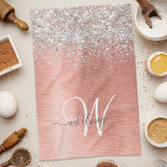 Rose Gold Brushed Metal Glitter Monogram Name Tea Towel<br><div class="desc">Easily personalise this trendy chic kitchen towels design featuring pretty silver sparkling glitter on a rose gold brushed metallic background.</div>