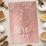 Rose Gold Brushed Metal Glitter Monogram Name Tea Towel<br><div class="desc">Easily personalise this trendy chic kitchen towels design featuring pretty rose gold sparkling glitter on a rose gold brushed metallic background.</div>