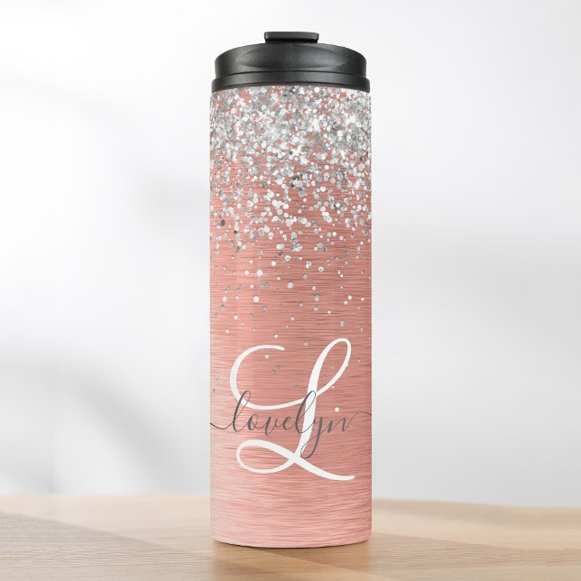 Rose Gold Brushed Metal Glitter Monogram Name Thermal Tumbler (Creator Uploaded)