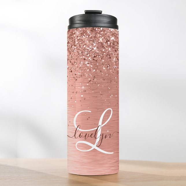 Rose Gold Brushed Metal Glitter Monogram Name Thermal Tumbler (Creator Uploaded)