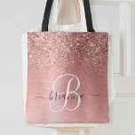 Rose Gold Brushed Metal Glitter Monogram Name Tote<br><div class="desc">Easily personalise this trendy chic tote bag design featuring pretty rose gold sparkling glitter on a rose gold brushed metallic background.</div>