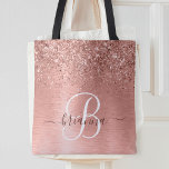 Rose Gold Brushed Metal Glitter Monogram Name Tote Bag<br><div class="desc">Easily personalise this trendy chic tote bag design featuring pretty rose gold sparkling glitter on a rose gold brushed metallic background.</div>
