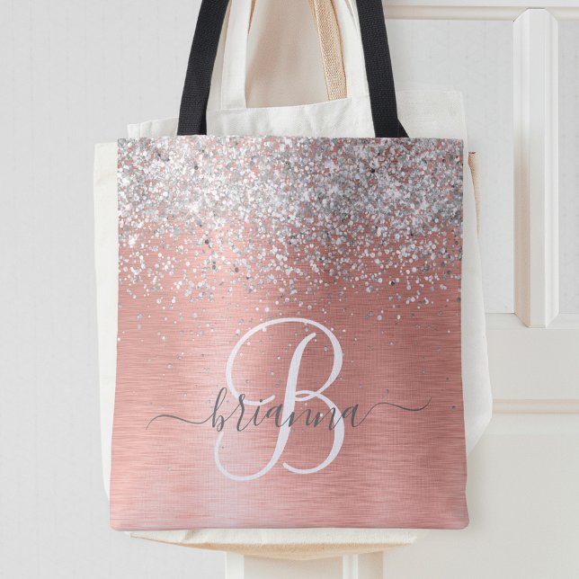 Rose Gold Brushed Metal Glitter Monogram Name Tote Bag (Creator Uploaded)