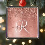 Rose Gold Brushed Metal Glitter Monogram Name Tree Decoration<br><div class="desc">Easily personalise this trendy chic metal ornament design featuring pretty rose gold sparkling glitter on a rose gold brushed metallic background.</div>