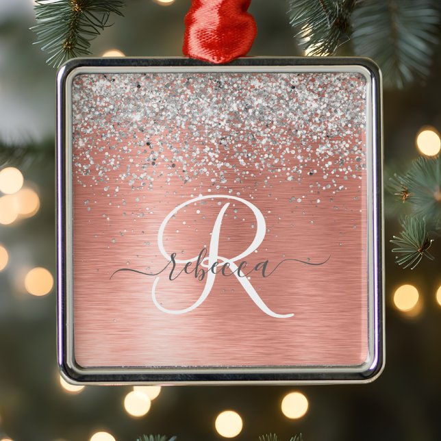 Rose Gold Brushed Metal Glitter Monogram Name Tree Decoration (Creator Uploaded)