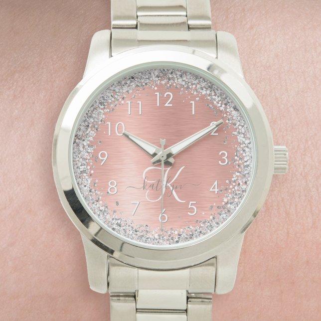 Rose Gold Brushed Metal Glitter Monogram Name Watch (Creator Uploaded)