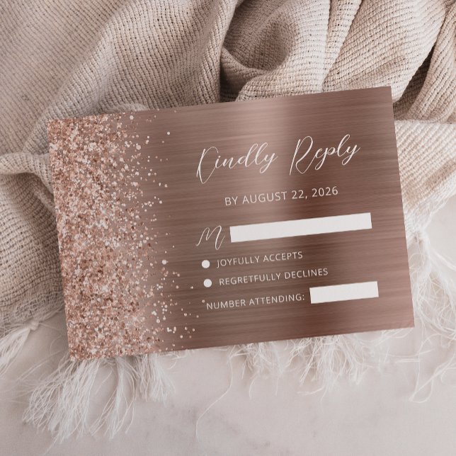 Rose Gold Brushed Metal Glitter Script Wedding RSVP Card (Creator Uploaded)