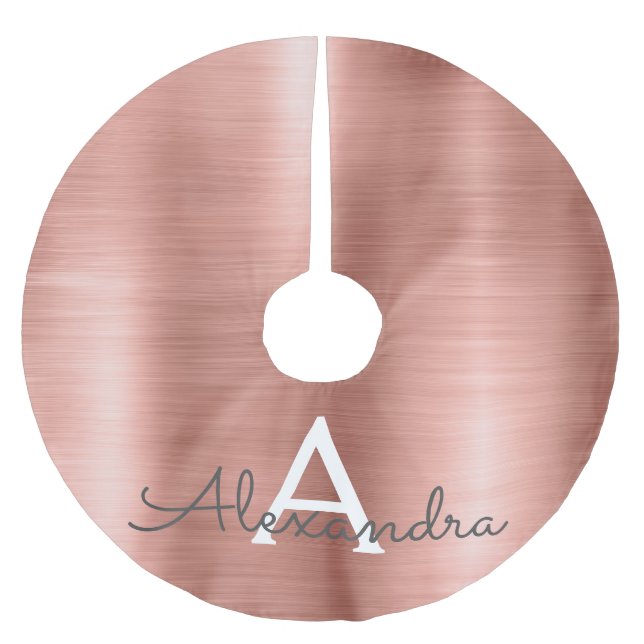 Rose Gold Brushed Metal Monogram Name and Initial Brushed Polyester Tree Skirt (Front)
