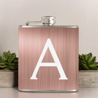 Rose Gold Brushed Metal Monogram Name and Initial Hip Flask