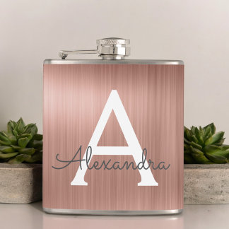 Rose Gold Brushed Metal Monogram Name and Initial Hip Flask