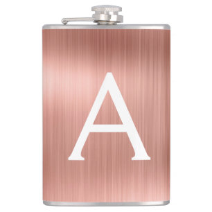 Rose Gold Brushed Metal Monogram Name and Initial Hip Flask