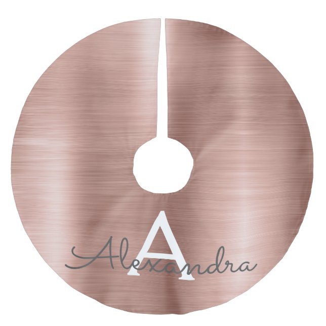Rose Gold Brushed Metal Monogram Name and Initial Polyester Tree Skirt (Front)