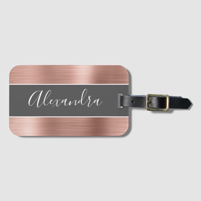 Rose Gold Brushed Metal Monogram Name Luggage Tag (Front Horizontal)