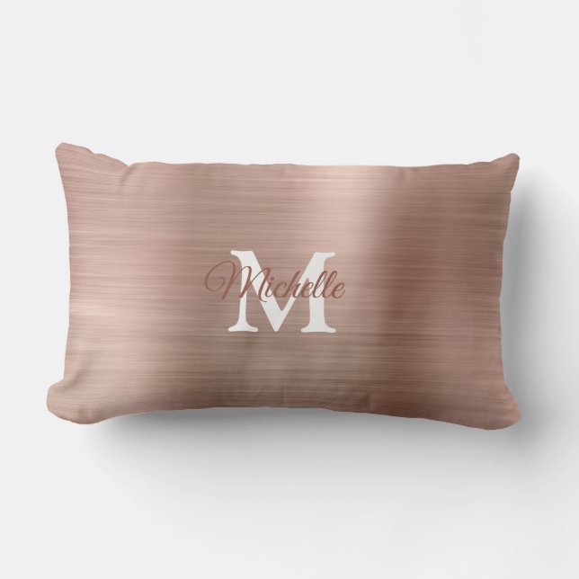 Rose Gold Brushed Metal Personalised Monogram Lumbar Cushion (Front)