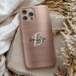 Rose Gold Brushed Metal Script Monogram  iPhone 15 Case<br><div class="desc">This elegant personalised phone case features a monogram and first name in modern black and white script on a trendy rose gold brushed metal background.</div>