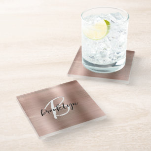Rose Gold Brushed Metal Script Monogram  Glass Coaster