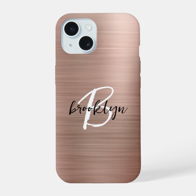 Rose Gold Brushed Metal Script Monogram  iPhone 15 Case (Back)
