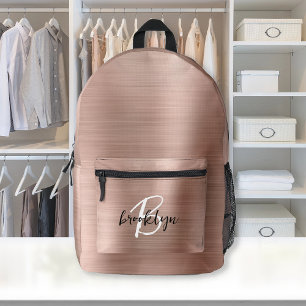 Rose Gold Brushed Metal Script Monogram  Printed Backpack