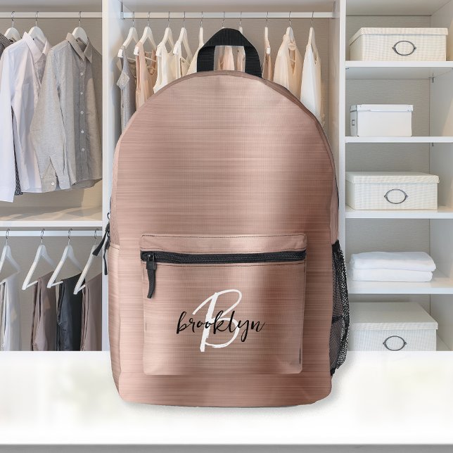 Rose Gold Brushed Metal Script Monogram  Printed Backpack (Creator Uploaded)