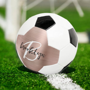 Rose Gold Brushed Metal Script Monogram Soccer Ball