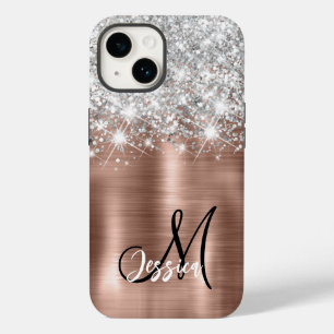 Rose Gold Brushed Metal Silver Glitter Monogram  Case-Mate iPhone 14 Case