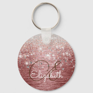 Rose Gold Brushed Metal Silver Glitter Monogram Key Ring