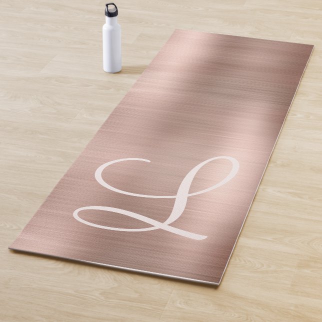 Rose Gold Brushed Metallic Pink Monogram Script Yoga Mat (In Situ)