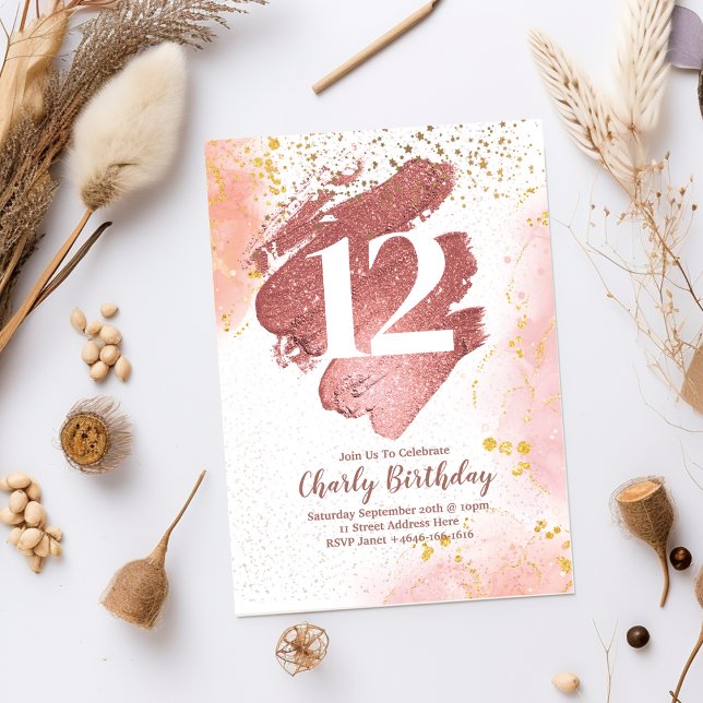 Rose Gold Brushstroke 12th Birthday Invitation  (Creator Uploaded)