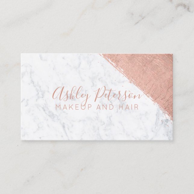 Rose gold brushstroke marble makeup typography business card (Front)