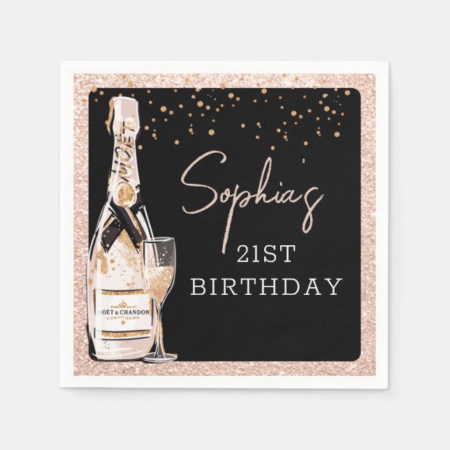Rose Gold Bubbly Champagne Birthday Party Napkin (Front)