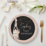 Rose Gold Bubbly Champagne Birthday Party Paper Plate<br><div class="desc">This glamourous design features a blush faux glitter background with illustrated pink champagne bottle and glass embellished with faux gold glitter. 
See the entire collection for more matching items!</div>