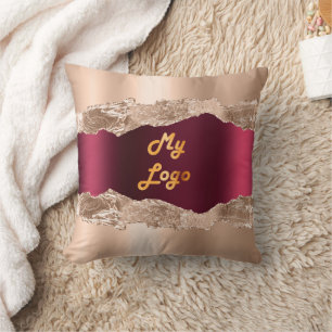 Rose gold burgundy agate marble name business logo cushion