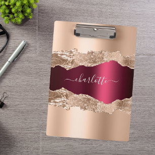 Rose gold burgundy agate marble name glamourous clipboard