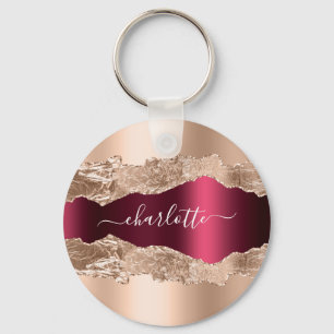 Rose gold burgundy agate marble name script key ring