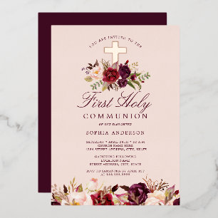 Rose Gold Burgundy Cross Girls First Communion